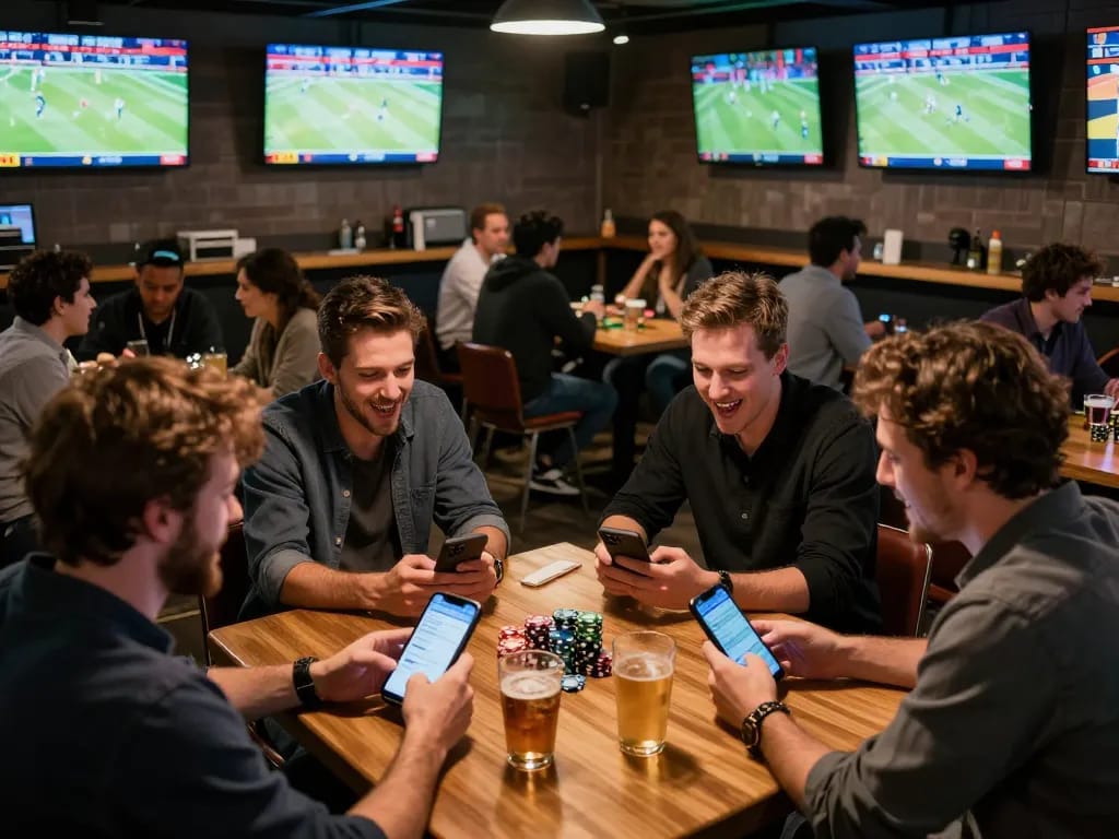 Engaged patrons betting live on sports using cm88 com in a vibrant sports bar atmosphere