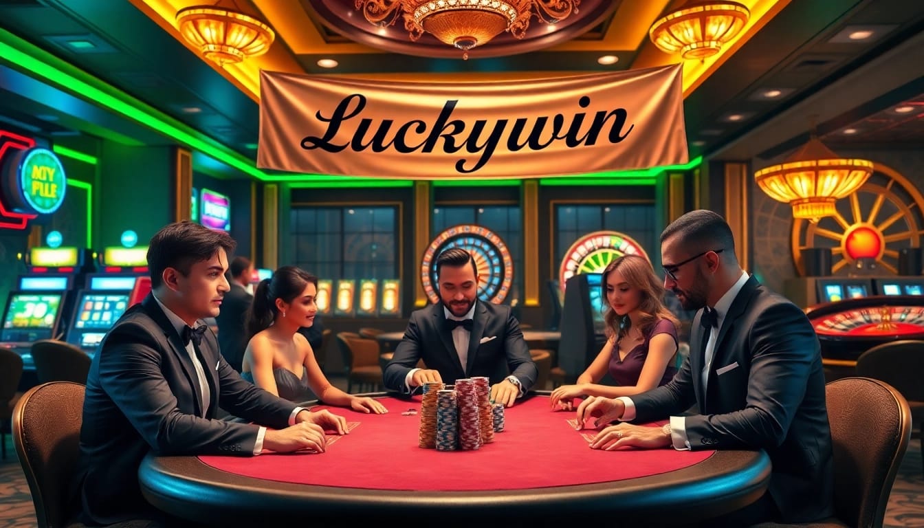 Experience the thrill of Luckywin at an upscale casino with vibrant poker games and colorful chips.
