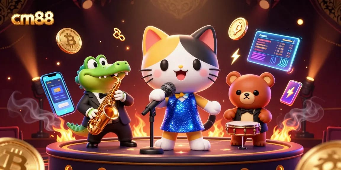 Join cm88's vibrant casino scene with animated characters and crypto elements for an exciting gaming experience.