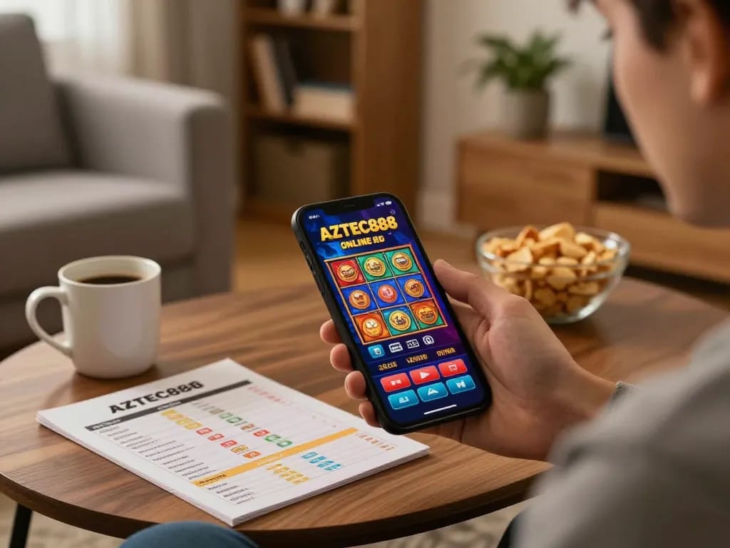 Player enjoying AZTEC888 online casino on smartphone in cozy home environment
