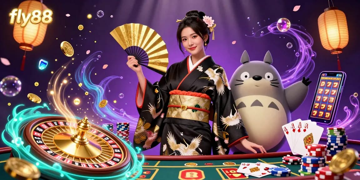 Experience excitement at fly88 with a vibrant casino scene featuring dynamic gaming elements and characters.