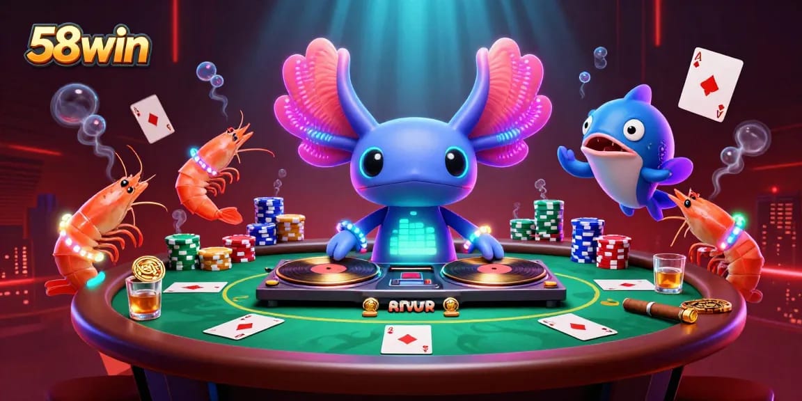Experience dynamic gaming with 58win in vibrant underwater casino scene, featuring colorful characters and poker elements.