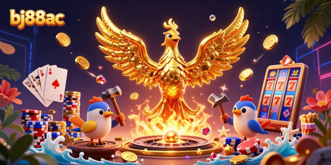 Join the excitement with bj88ac as golden coins and vibrant poker chips illuminate the casino scene.