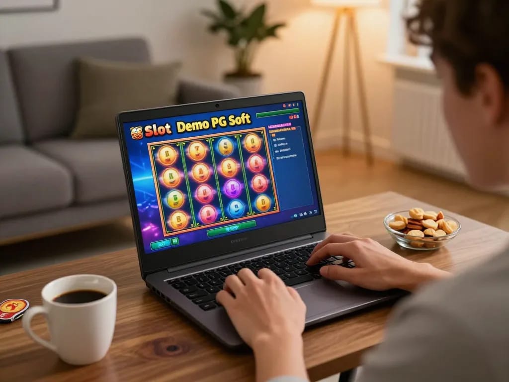 Bermain Slot Demo PG Soft di laptop dengan gulungan berwarna-warni berputar