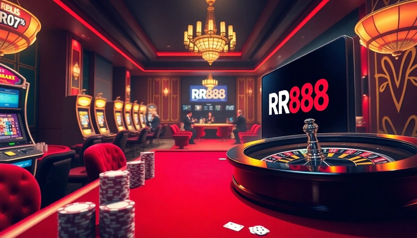 Experience the excitement of RR88 with action-packed gambling scenes showcasing luxury casino elements.
