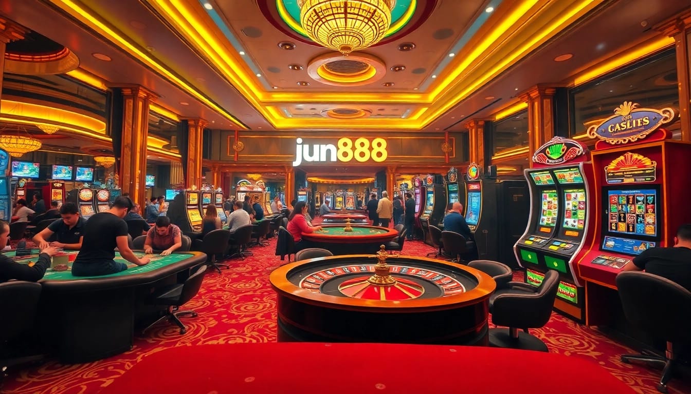 Players engage at tables in a lively casino atmosphere featuring jun888 branding, highlighting the thrill of blackjack, roulette, and slots.