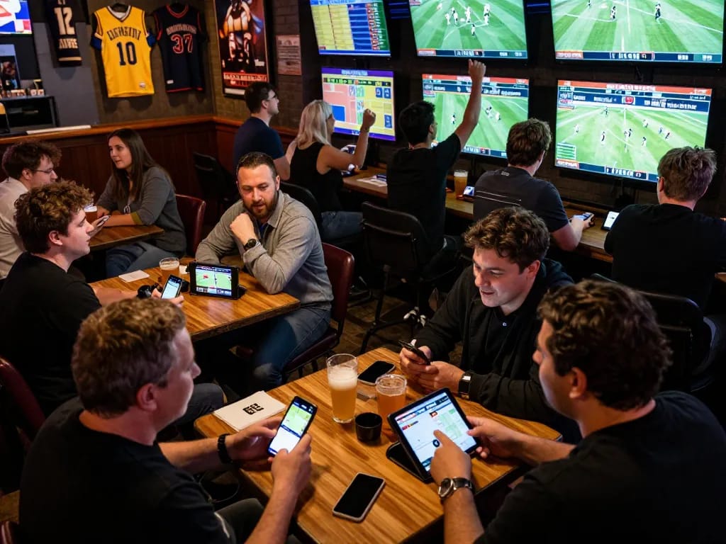 Engaged bettors at Nhà cái KONG88 using smartphones to place bets in an exciting sports bar setting.