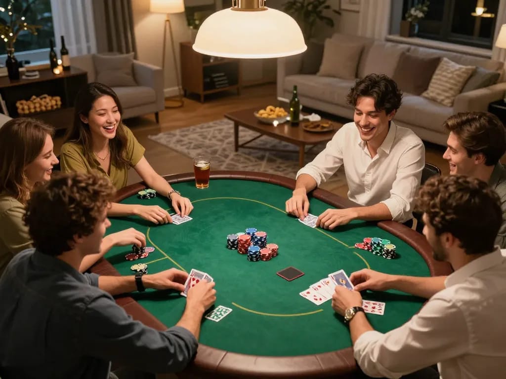 Live poker game with friends creating a lively atmosphere at Tg88 trang chủ, showcasing social interaction and strategy.