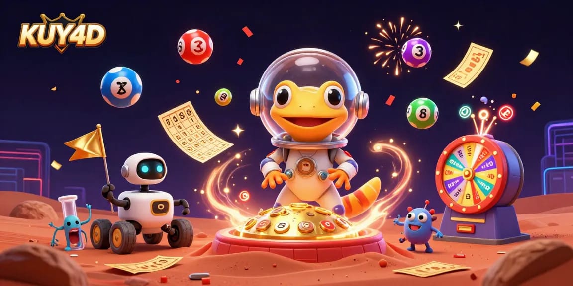 KUY4D menampilkan gecko Mars 3D dalam helm gelembung di kasino emas, merayakan dengan bola lotere berwarna-warni.