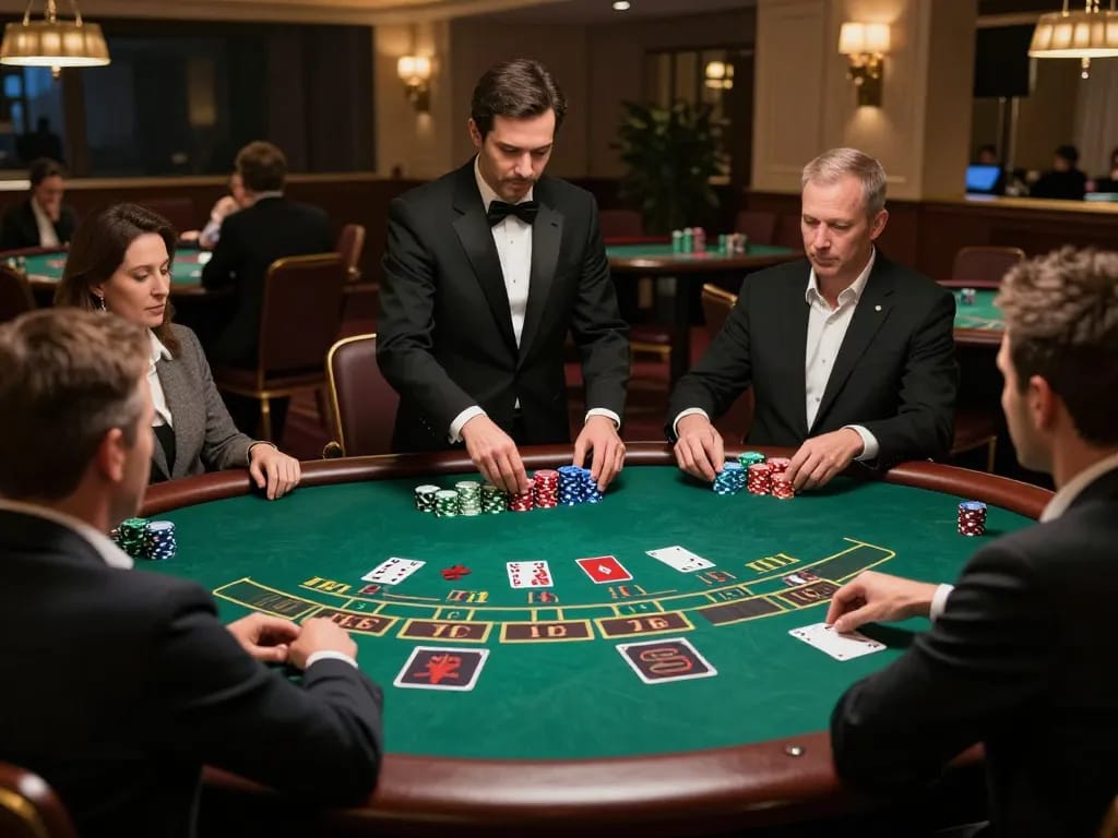 Engaged players placing bets at the go8 blackjack table in a luxurious casino setting