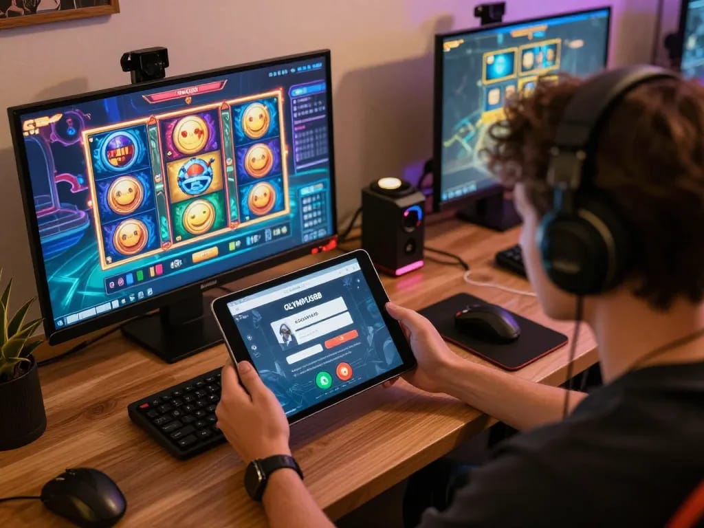 Engaging with OLYMPUS88 login on tablet illustrating vibrant online gambling experience.
