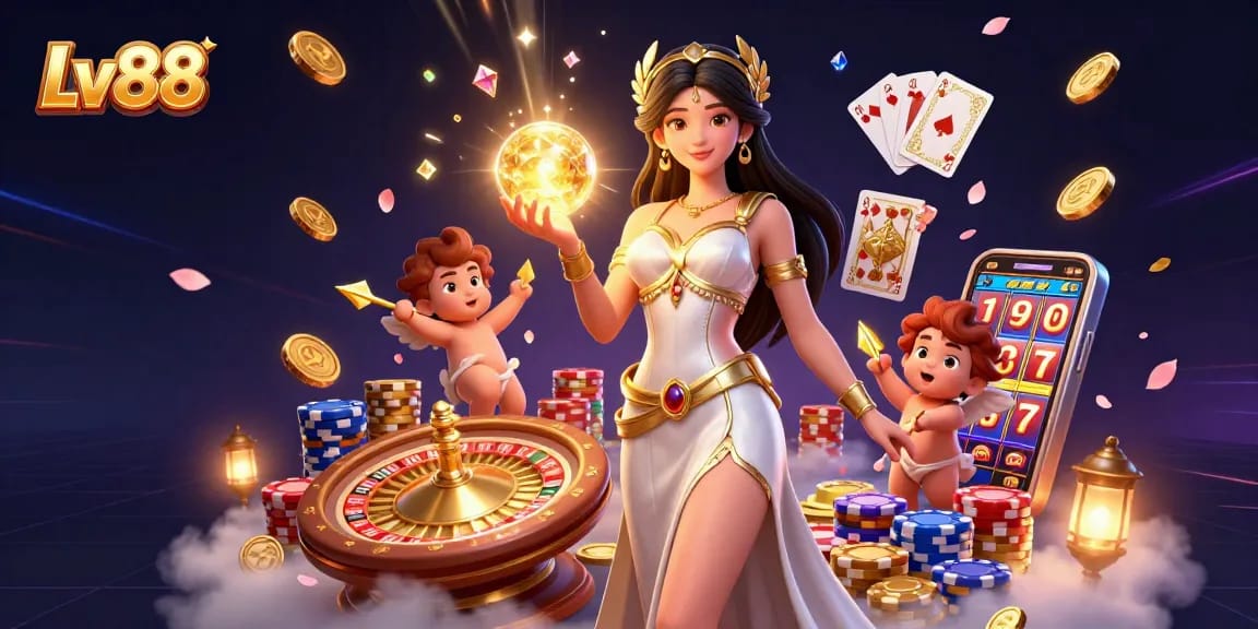 Experience thrilling gameplay at Lv88 with this vibrant casino scene filled with golden coins and gems.