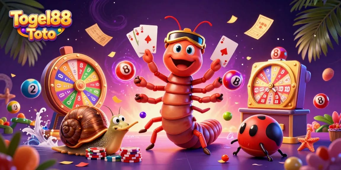 Togel88 Toto presents an exciting scene with vibrant lottery balls and cheerful game characters, enhancing your gaming experience.