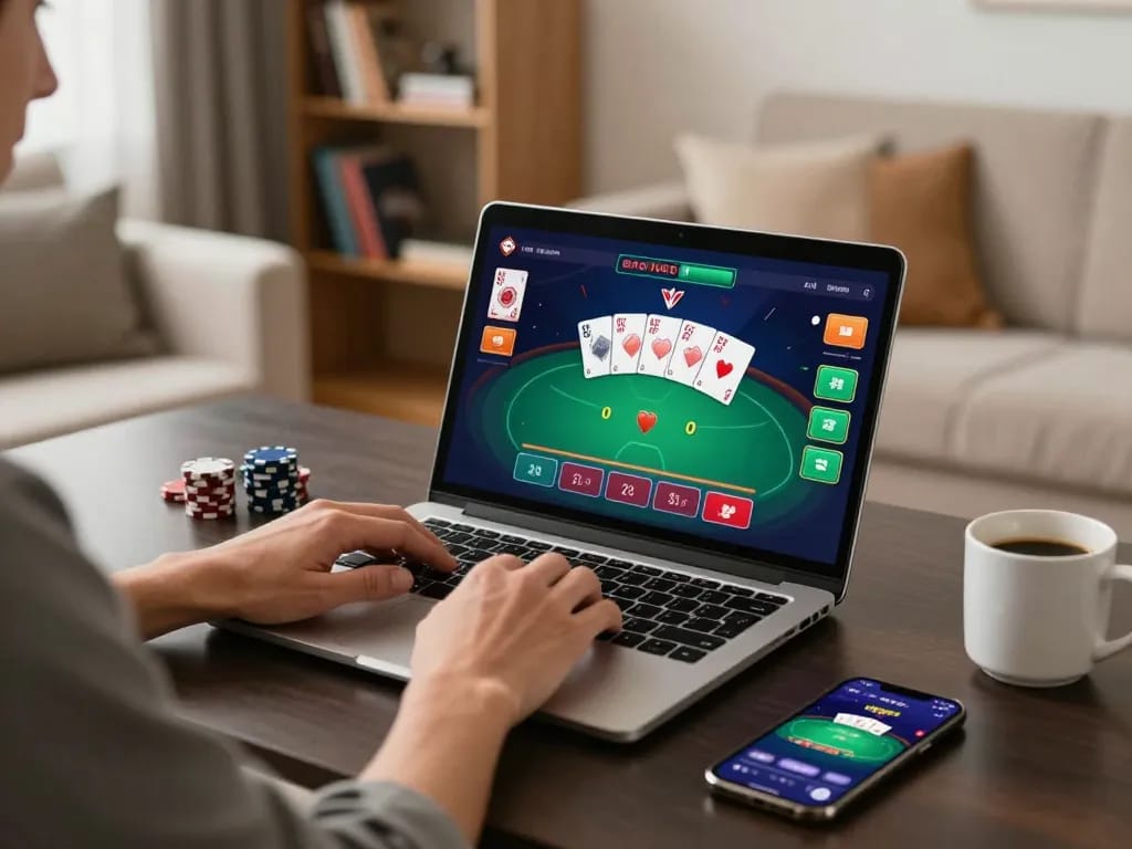 Engaging online casino experience with a player using laptop for w188 vip poker strategies in modern home setting