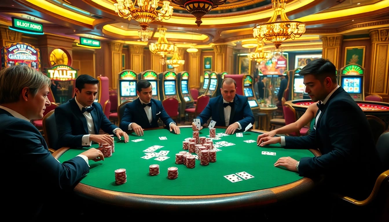 Engaged gamblers playing poker in a luxurious casino scene at tabet with vibrant lighting and rich colors.