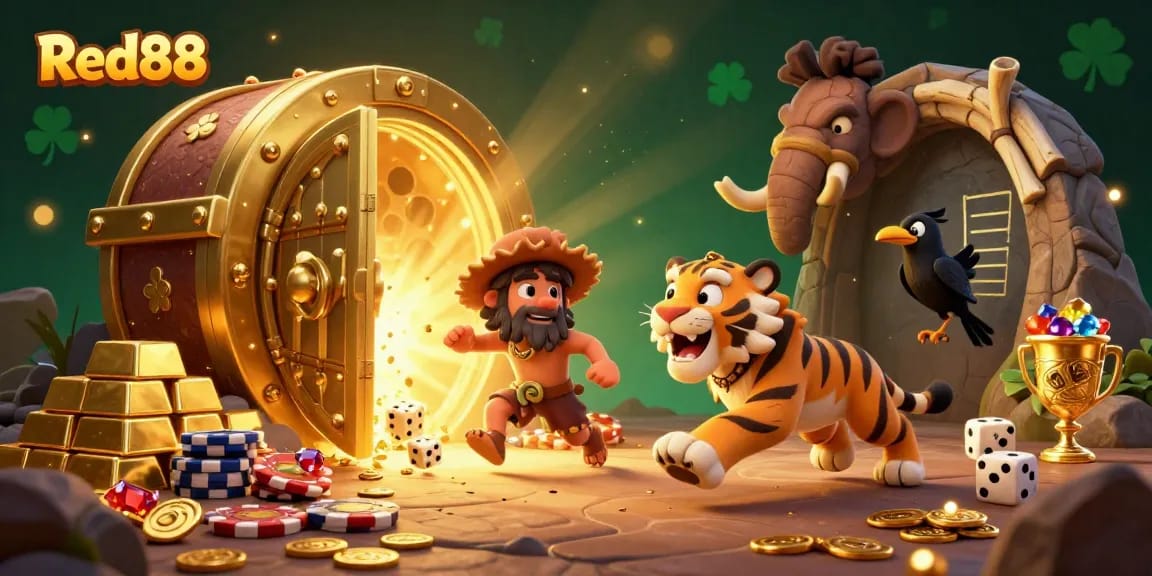 Experience thrilling gambling at Red88 with a playful caveman duo running a prehistoric casino.