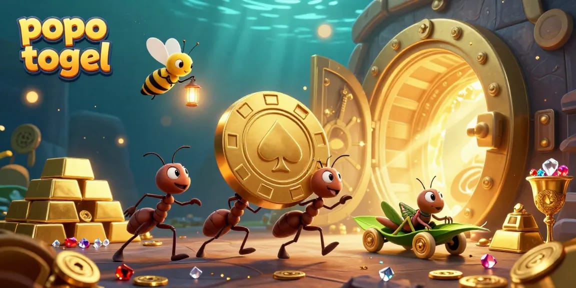 Experience the thrilling popo togel adventure with cartoon ants in a dynamic heist scene, capturing the excitement of online gambling.