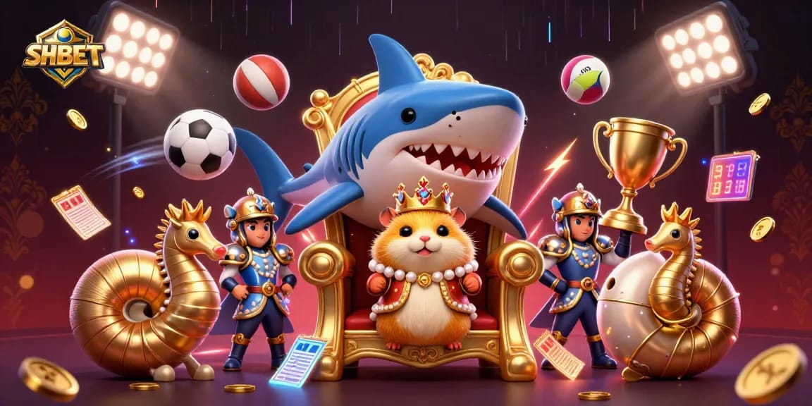 Engage with SHBET for thrilling sports betting adventures, showcasing unique characters in a vibrant casino theme.