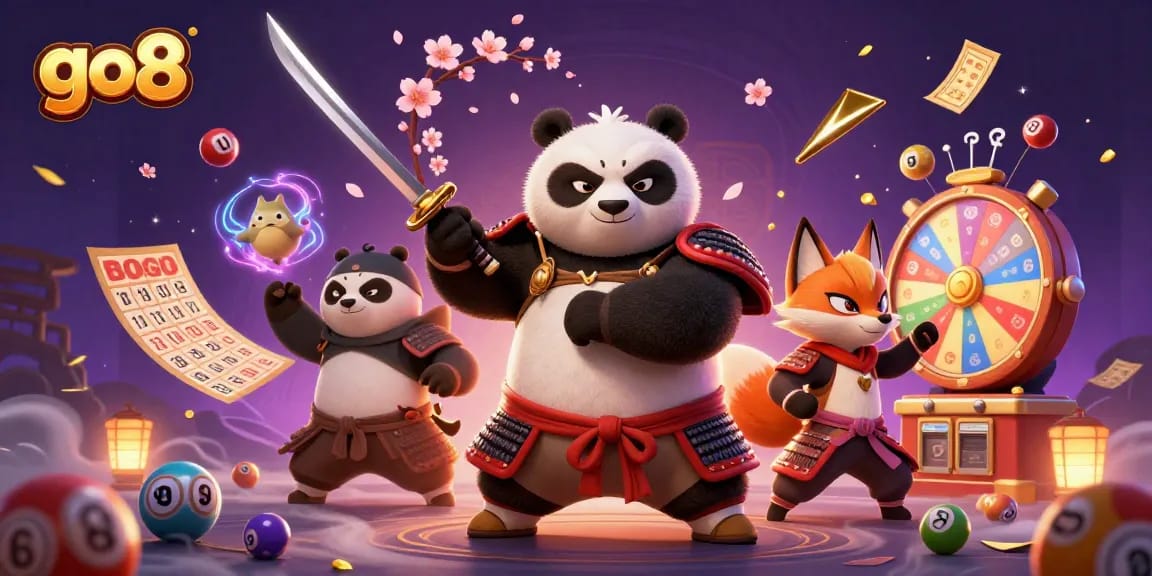 Experience the thrill of go8 with a dynamic casino scene featuring a samurai panda, ninja fox, and magical elements.