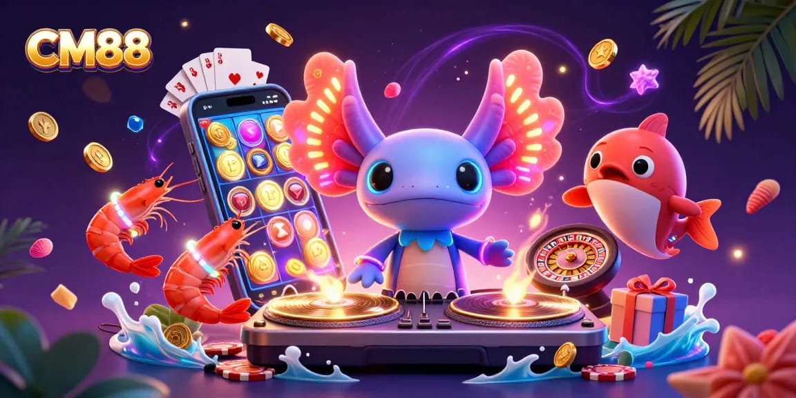 Experience CM88 with a vibrant gaming scene featuring a neon axolotl DJ and slot games.
