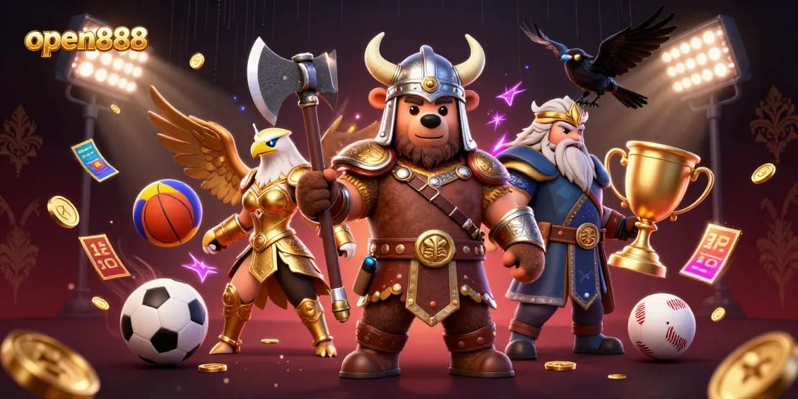 Experience thrilling action with open888 featuring Viking characters and sports betting elements.