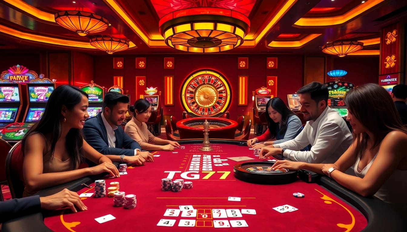 Engaged players enjoying games at TG777's luxurious casino, with vibrant tables and slot machines.