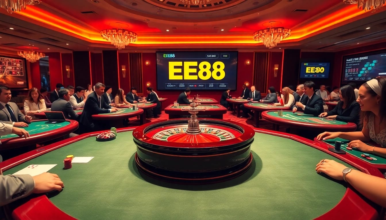 EE88 gamblers enjoying a thrilling roulette game in a vibrant casino environment.