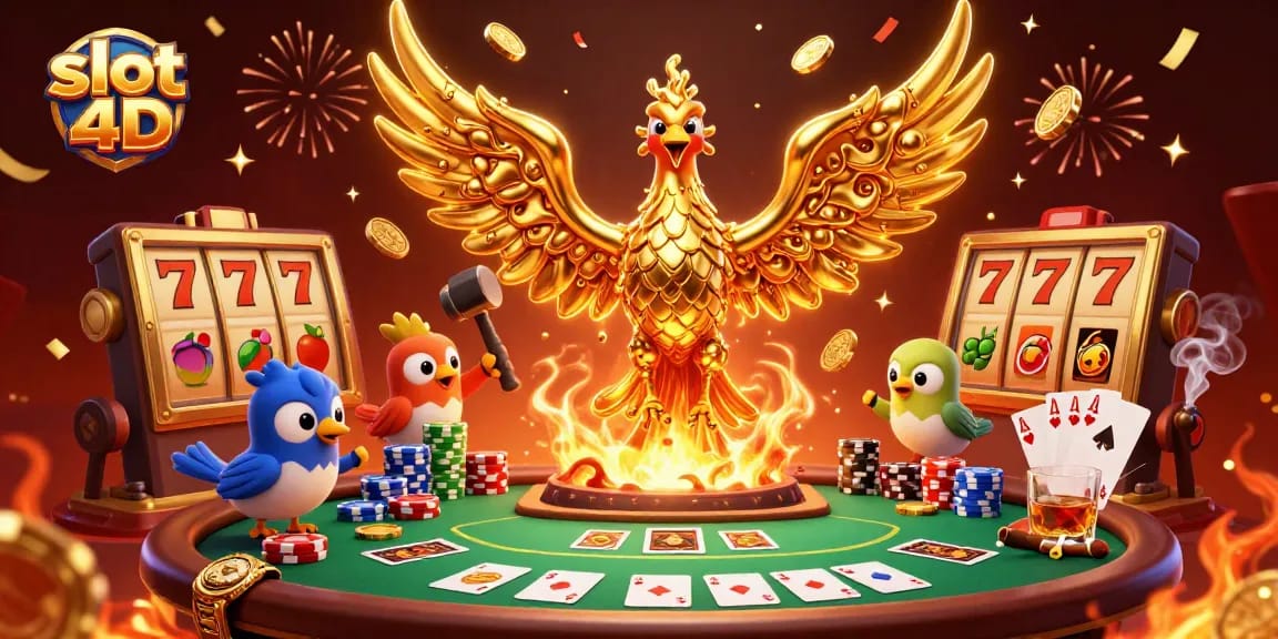 Experience the thrill of slot 4D gameplay with a phoenix and poker elements in dynamic illustration.