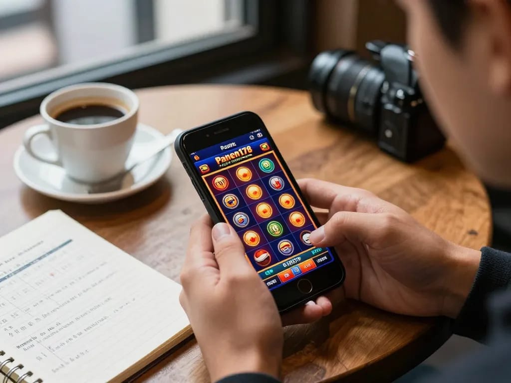 Mengalami pengalaman permainan mobile Panen178 dengan smartphone yang menampilkan mesin slot yang cerah.