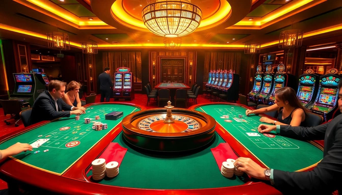 Hello88 showcases a thrilling casino experience with players at vibrant tables, roulette wheel, and elegant slot machines.