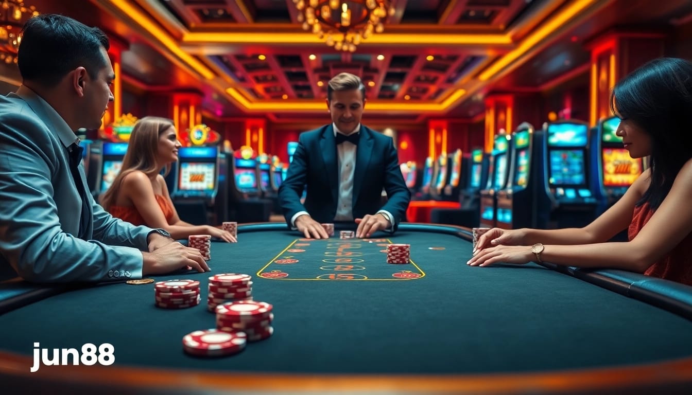 Experience the thrill of high-stakes poker at jun88 com with lively players and elegant casino decor.