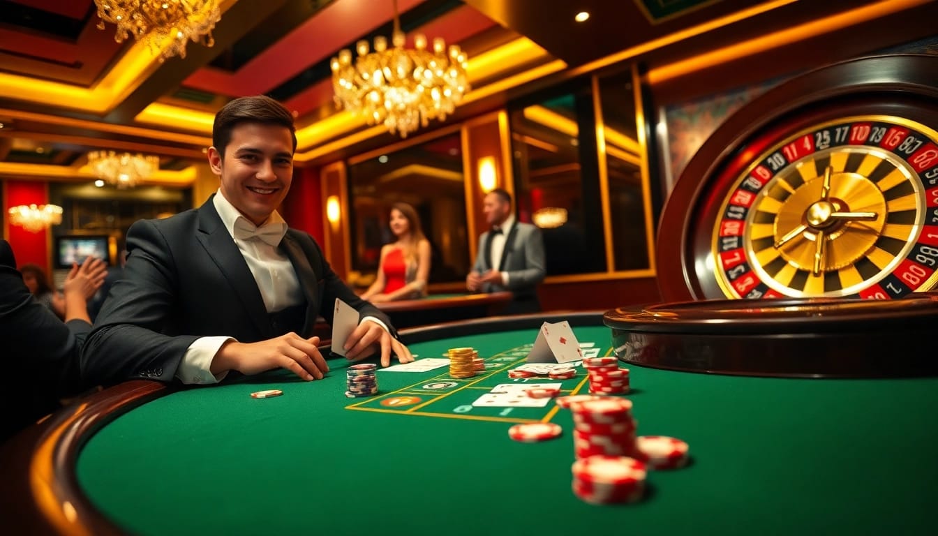 Players enjoying a thrilling moment at LC88 casino with vibrant poker games and elegant decor.