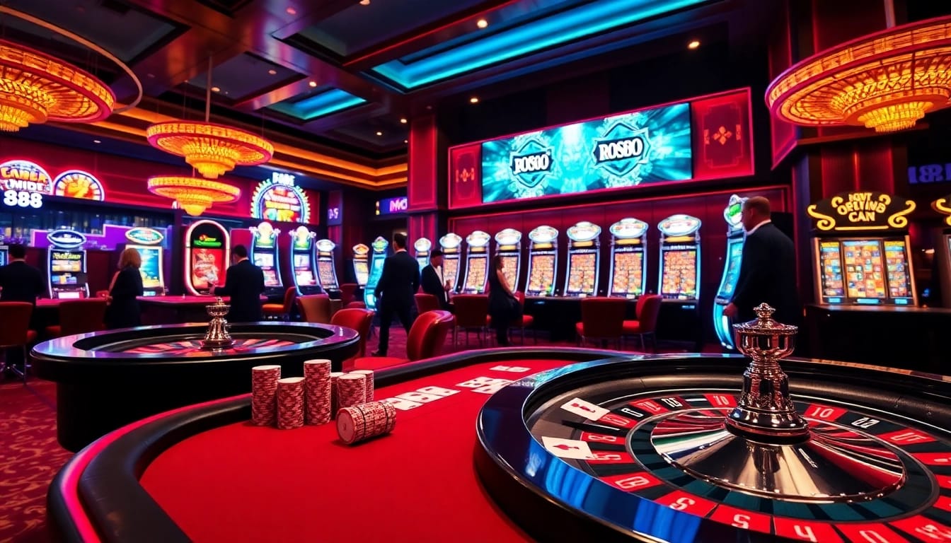 Engaging casino atmosphere featuring MM88 poker action, vibrant slots, and roulette excitement.