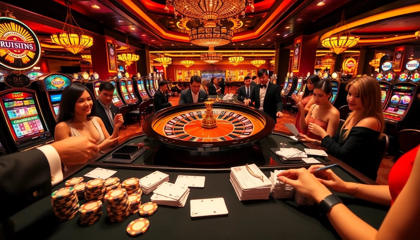 Players enjoying their bets at RR 88 casino, with vibrant roulette wheel and poker chips.