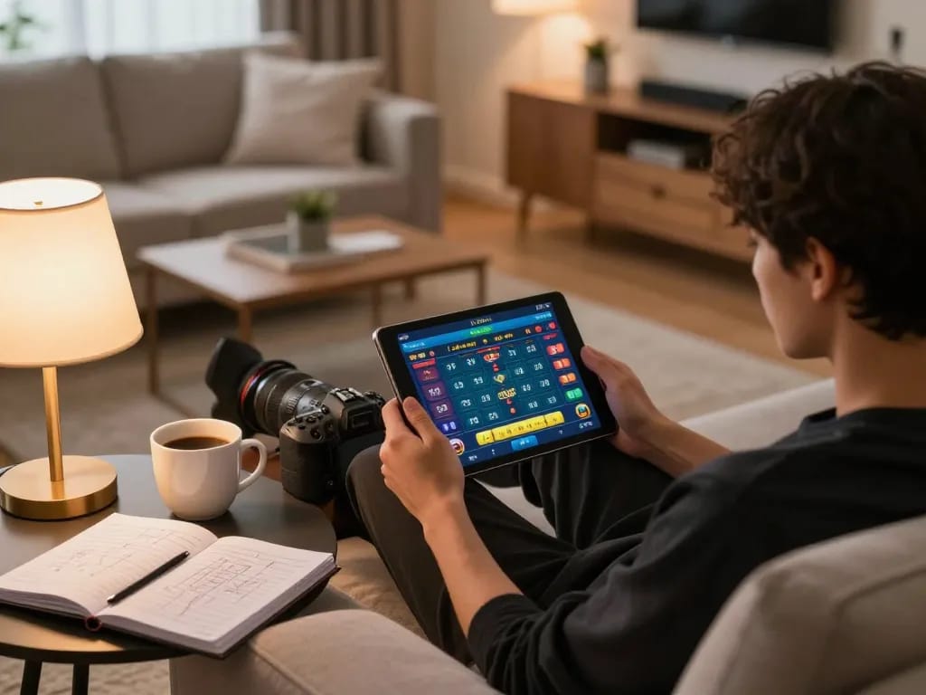 Lô đề online gaming setup with a person engaged on a tablet, cozy atmosphere, and strategic betting notes visible.