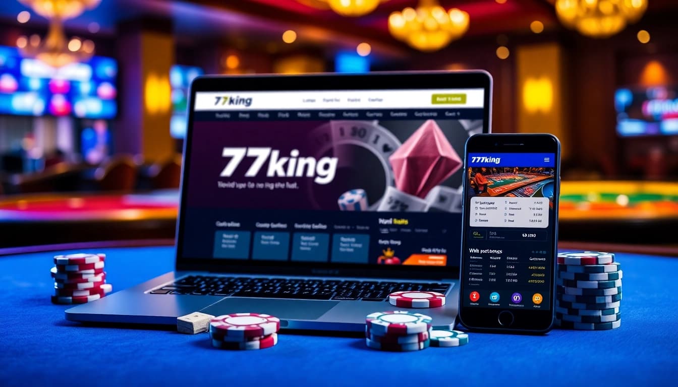 Visualisierung der 79king Online-Wettplattform mit Casinchips und modernen Geräten.