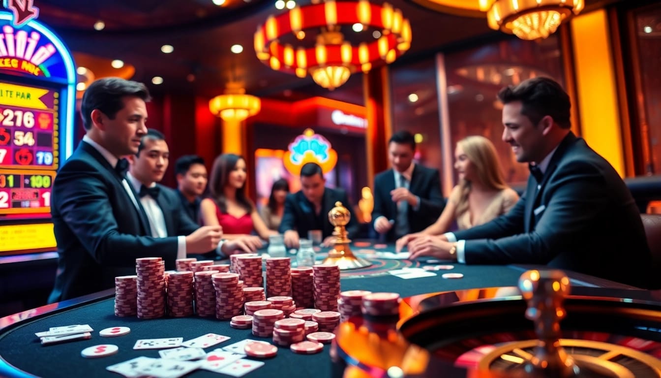 Nổ hũ slot machine in a vibrant casino setting, capturing the excitement of high-stakes gameplay.