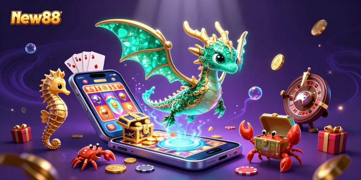 Spin exciting slot games at new88, featuring a vibrant dragon, treasure chest, and colorful gaming elements.