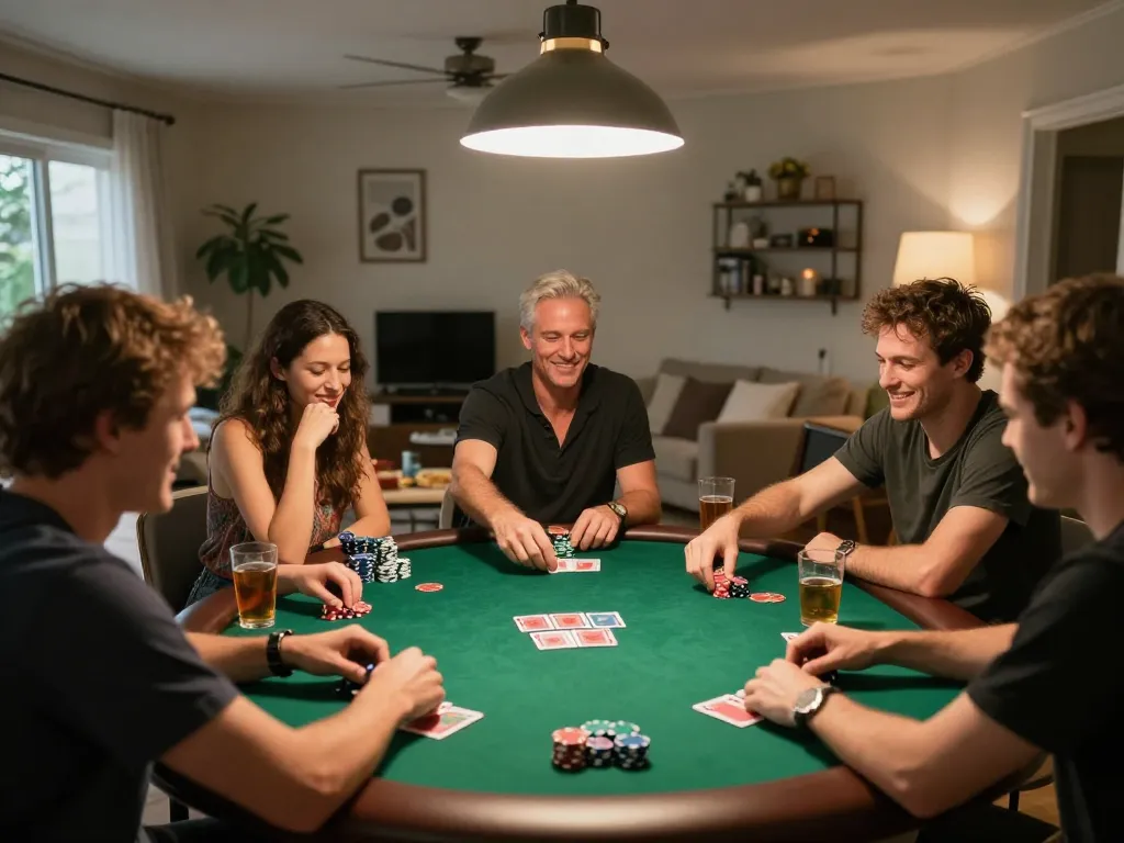 Friends enjoying a lively poker game at home, showcasing strategies and camaraderie at king33.