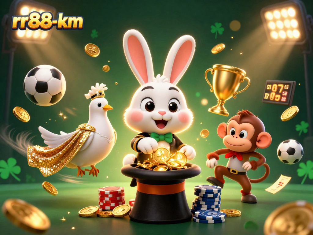 Engage with the rr88-km experience as the magician rabbit conjures coins in a vibrant casino scene.