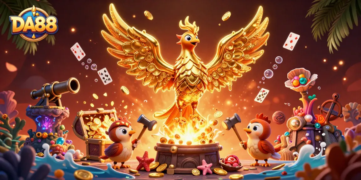 Experience thrilling moments with DA88 as the golden phoenix transforms coins in a vibrant casino scene.