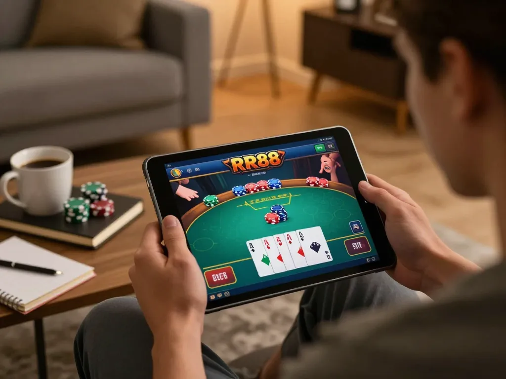 Player engaging in RR88 online casino gaming on a tablet, showcasing vibrant poker action and cozy home setting