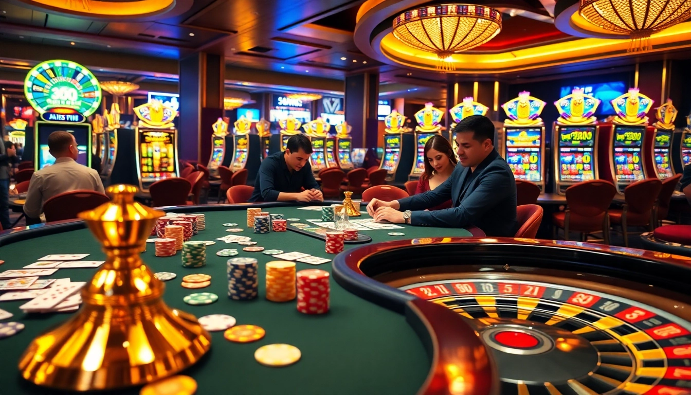 A vibrant casino scene with players at a poker table and roulette wheel, embodying 32WIN's exciting gambling experience.