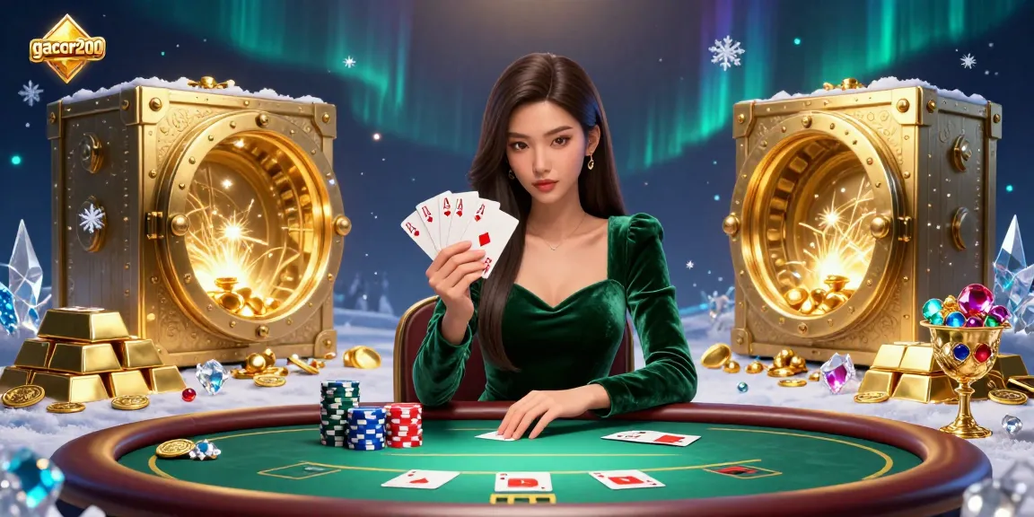Gacor200 casino scene featuring an Asian woman playing poker, surrounded by treasures.