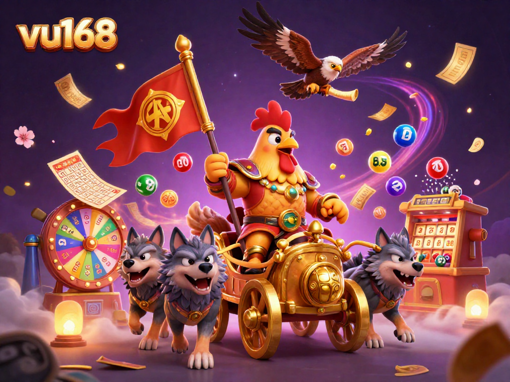 Experience the excitement of vu168 as a rooster warlord rides into battle amidst colorful lottery balls and golden gaming elements.