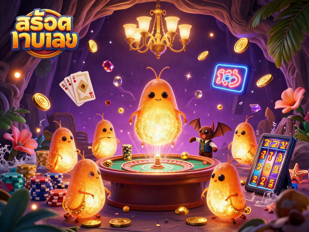 Spin and win with สล็อตเว็บตรง in a vibrant casino scene featuring glowworms and a bat dealer.
