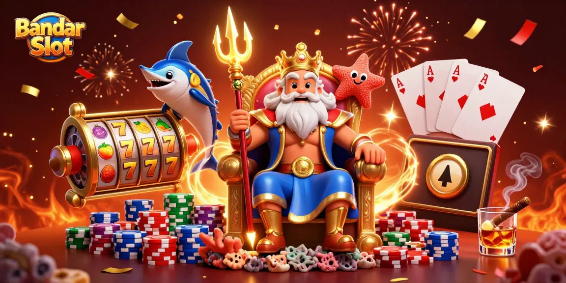 Bandar Slot menampilkan Raja Laut 3D dengan elemen jackpot dan slot, dalam suasana meriah.