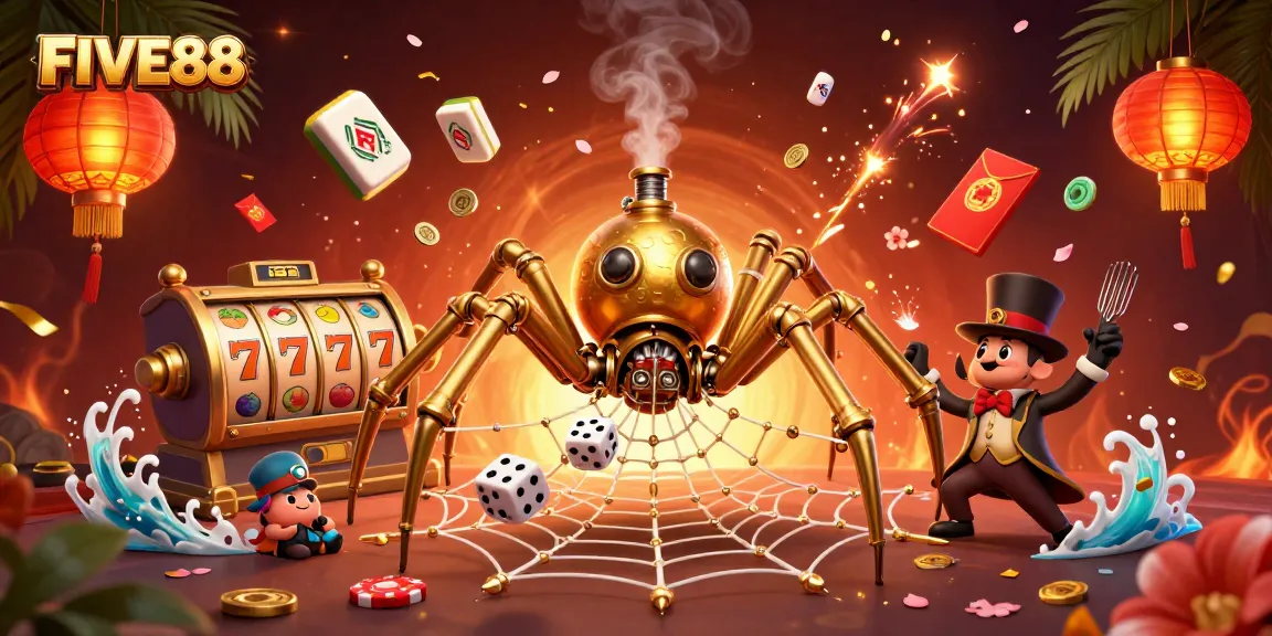Experience thrilling action at FIVE88 with a golden spider in a vibrant casino scene.