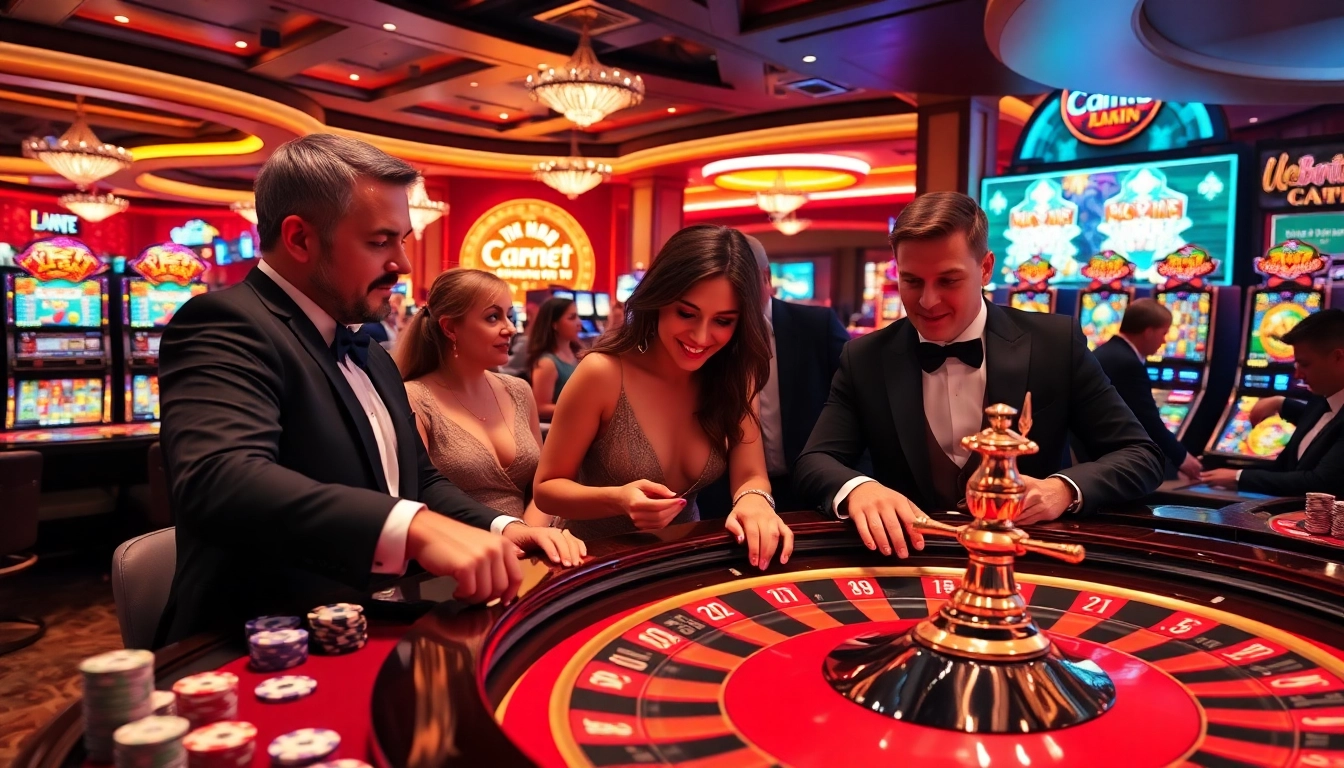 Thrilled players placing bets at ku bet's luxurious roulette table in a vibrant casino.
