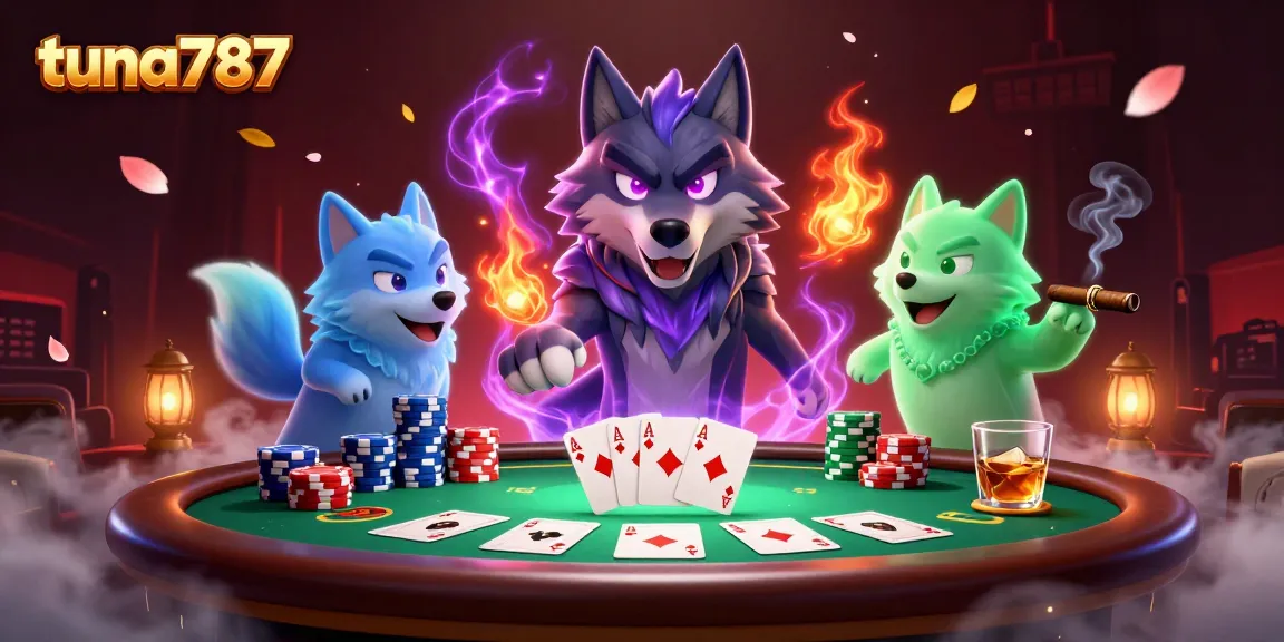Menangkan dengan tuna787 di meja poker dengan pemandangan tiga serigala hantu yang berenergi.